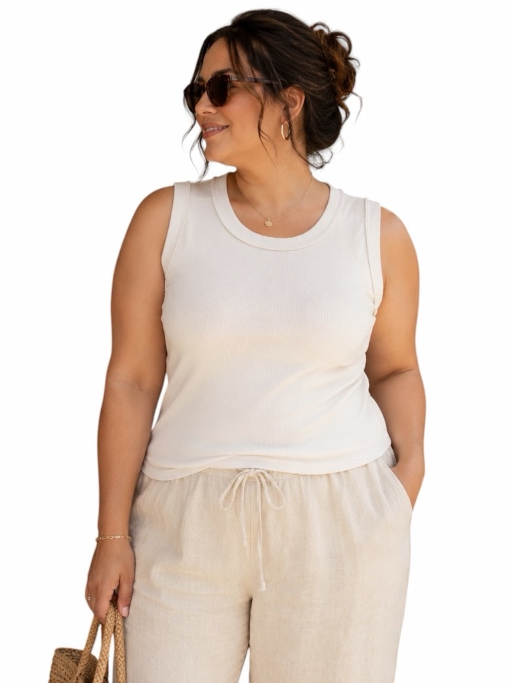 Free People We The Free XL Cream Ribbed Reverse Seam Neutral Tank Top